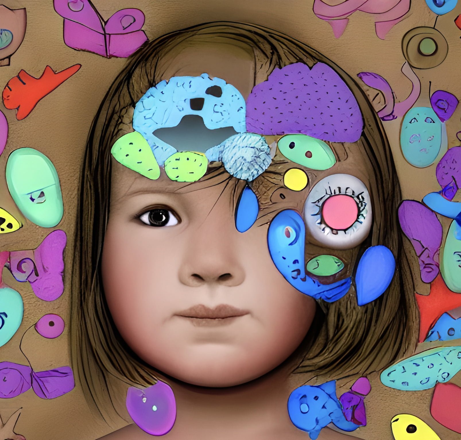 Ein abstraktes Kunstwerk eines Kindes mit kognitiven Symbolen um ihr Gesicht