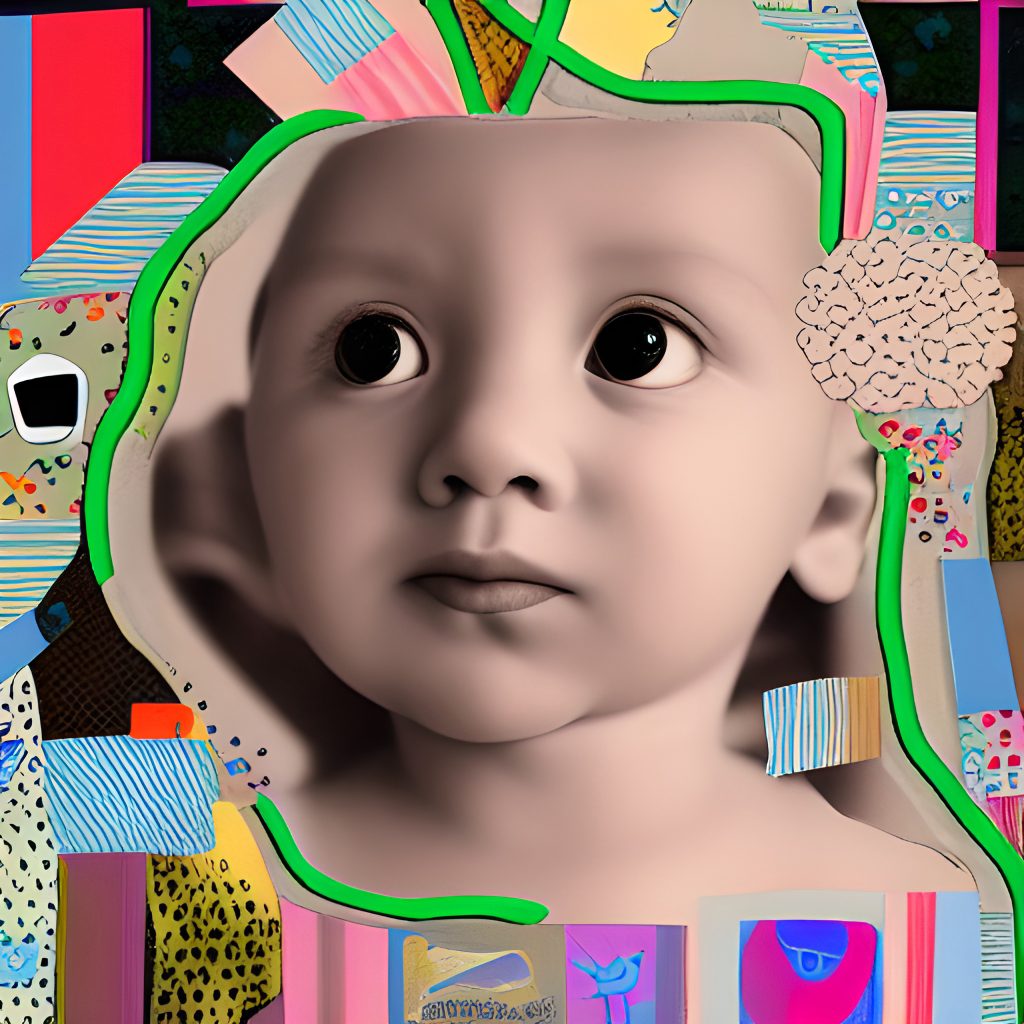 Zusammenfassung eines Säuglings mit funkelnden Augen, der das durch ein Sinnesspielzeug erreichte Bewusstsein darstellt